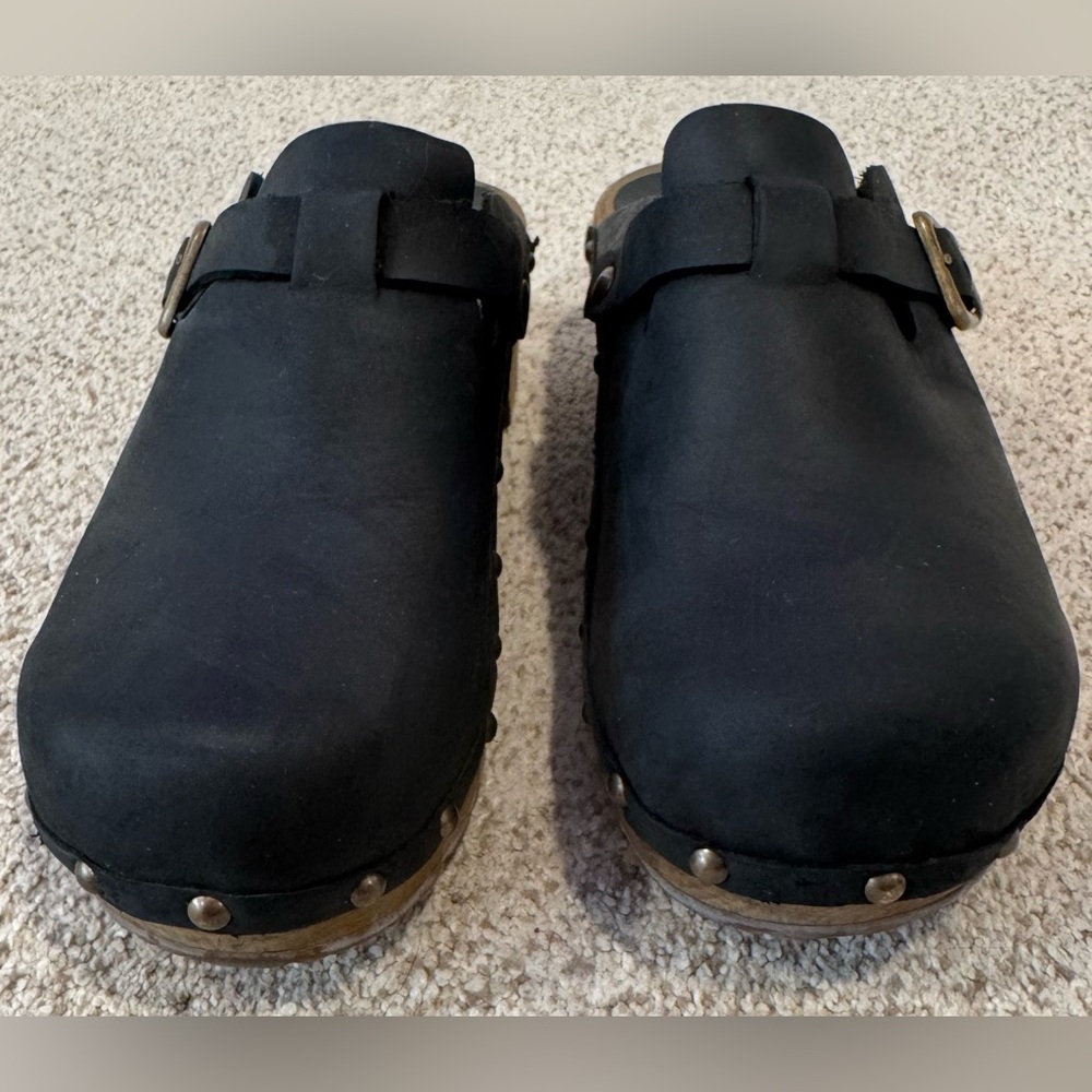 Sanita Kristel Black Nubuck Leather Wood Studded Clog Mule Shoes w/ Buckle - Picture 3 of 15